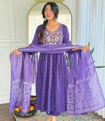 purple rayon embroidered anarkali suit with dupatta