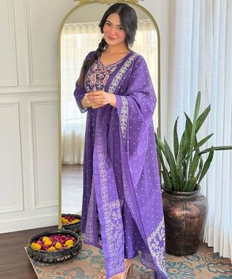 purple rayon embroidered anarkali suit with dupatta 2