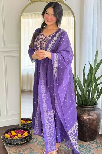 purple rayon embroidered anarkali suit with dupatta