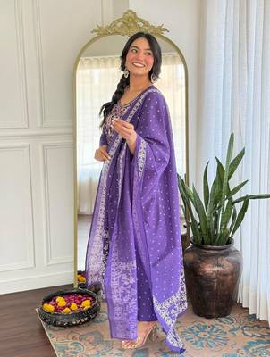 purple rayon embroidered anarkali suit with dupatta 3