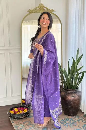 purple rayon embroidered anarkali suit with dupatta