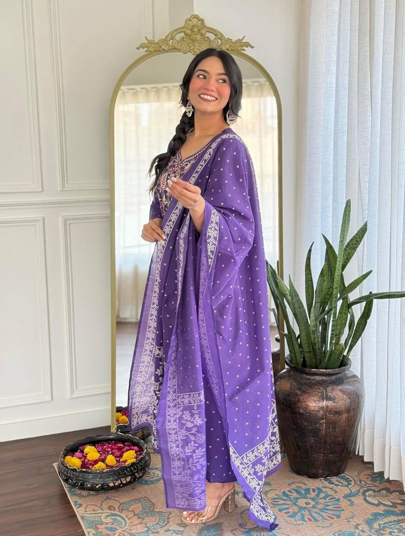 purple rayon embroidered anarkali suit with dupatta