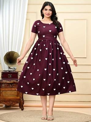 maroon rayon heart printed midi dress 1