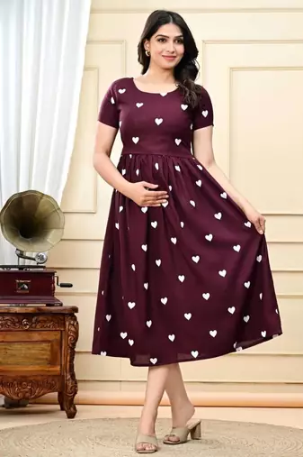 maroon rayon heart printed midi dress