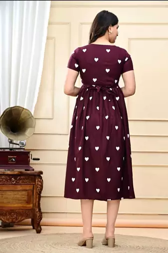 maroon rayon heart printed midi dress