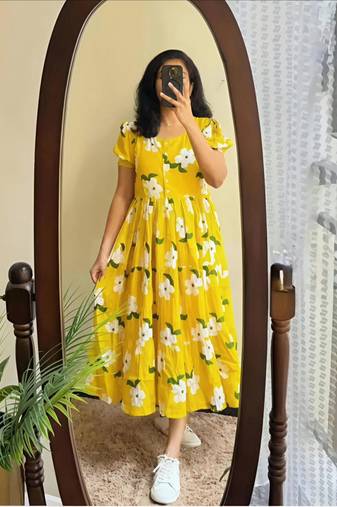 yellow rayon floral printed casual midi dress