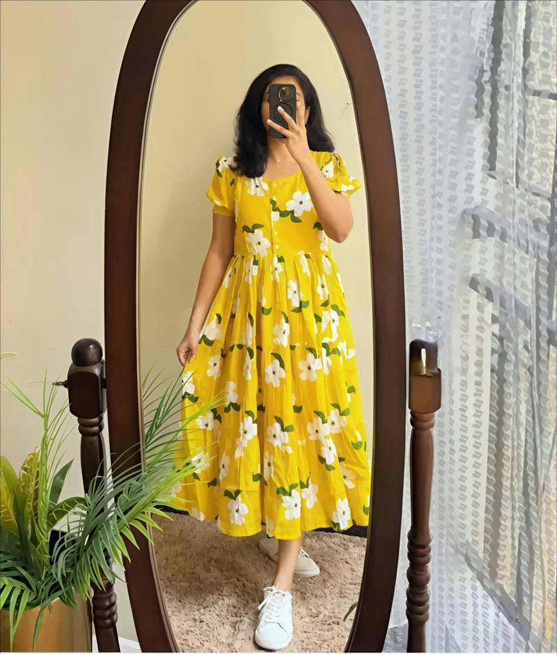 yellow rayon floral printed casual midi dress
