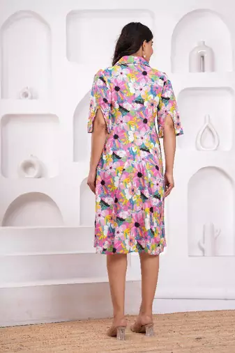 multicolor rayon floral printed collar neck dress