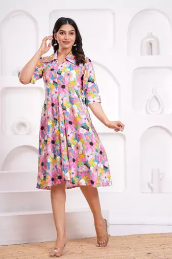 multicolor rayon floral printed collar neck dress