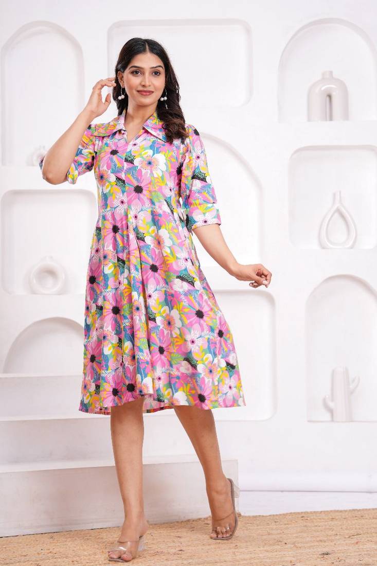 multicolor rayon floral printed collar neck dress