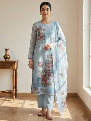 sky blue floral digital print linen dress material set 1