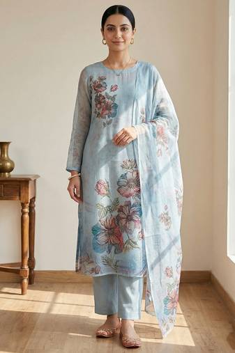 Stylee lifestyle sky blue linen digital printed dress material