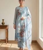 Stylee lifestyle sky blue linen digital printed dress material