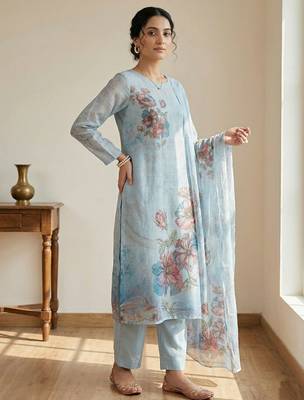 sky blue floral digital print linen dress material set 2