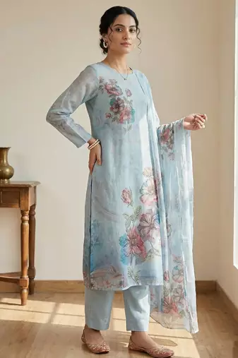 sky blue floral digital print linen dress material set
