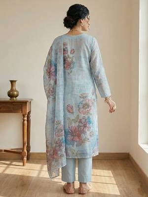 sky blue floral digital print linen dress material set 3