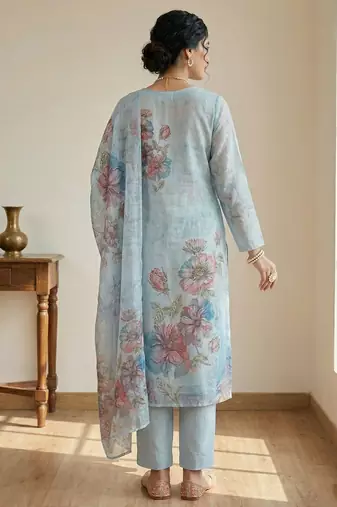 sky blue floral digital print linen dress material set