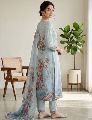 sky blue floral digital print linen dress material set 4