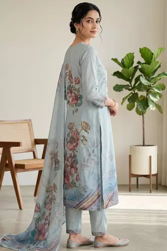 sky blue floral digital print linen dress material set