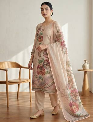 pink floral digital print linen dress material set 1