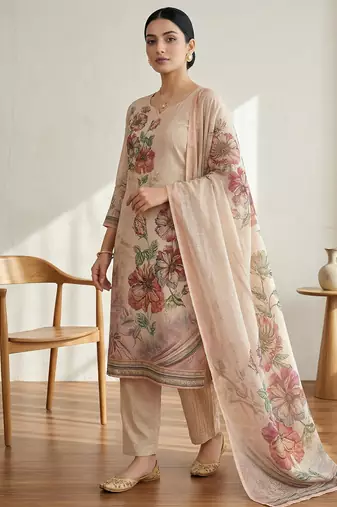pink floral digital print linen dress material set