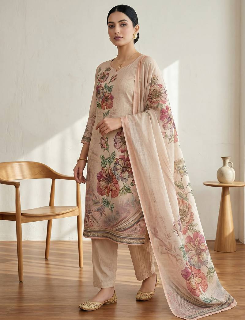 Stylee lifestyle pink linen digital printed dress material