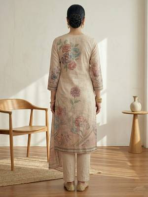 pink floral digital print linen dress material set 2