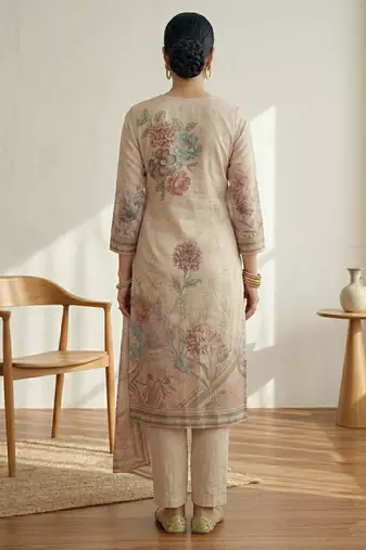 pink floral digital print linen dress material set