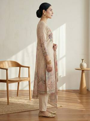 pink floral digital print linen dress material set 3