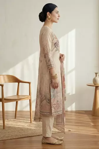 pink floral digital print linen dress material set