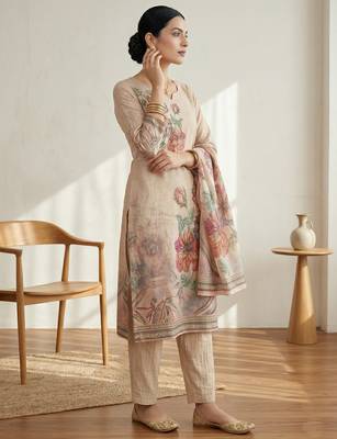pink floral digital print linen dress material set 4