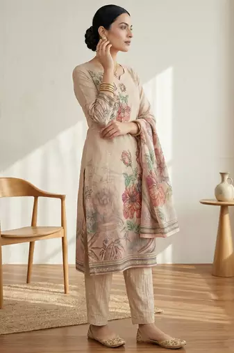 pink floral digital print linen dress material set