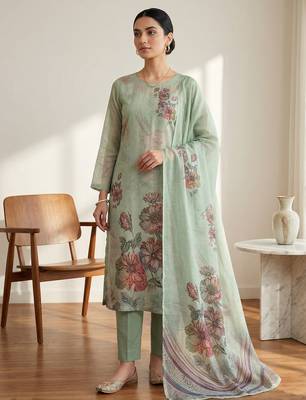 green floral digital print linen dress material set 1