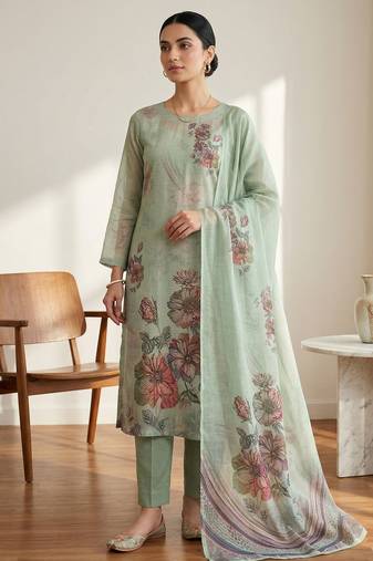 Stylee lifestyle green linen digital printed dress material