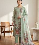 Stylee lifestyle green linen digital printed dress material