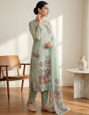 green floral digital print linen dress material set 2
