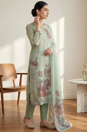 green floral digital print linen dress material set