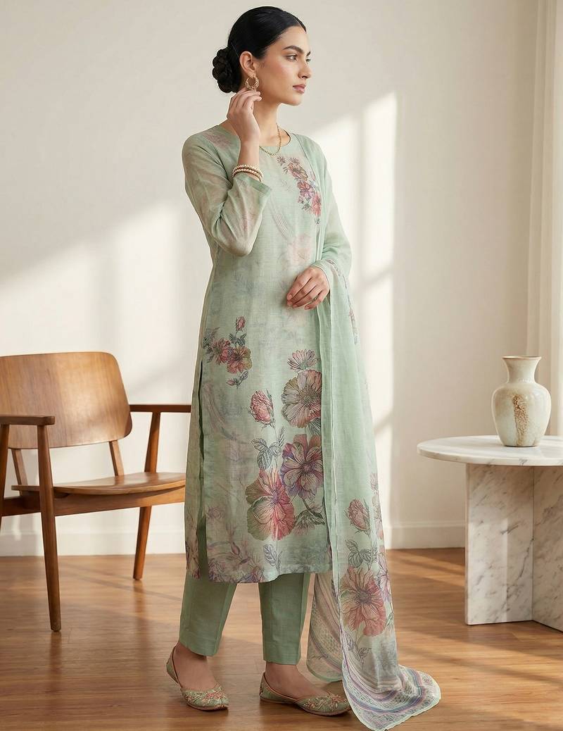 Stylee lifestyle green linen digital printed dress material