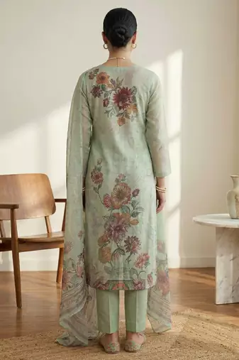 green floral digital print linen dress material set