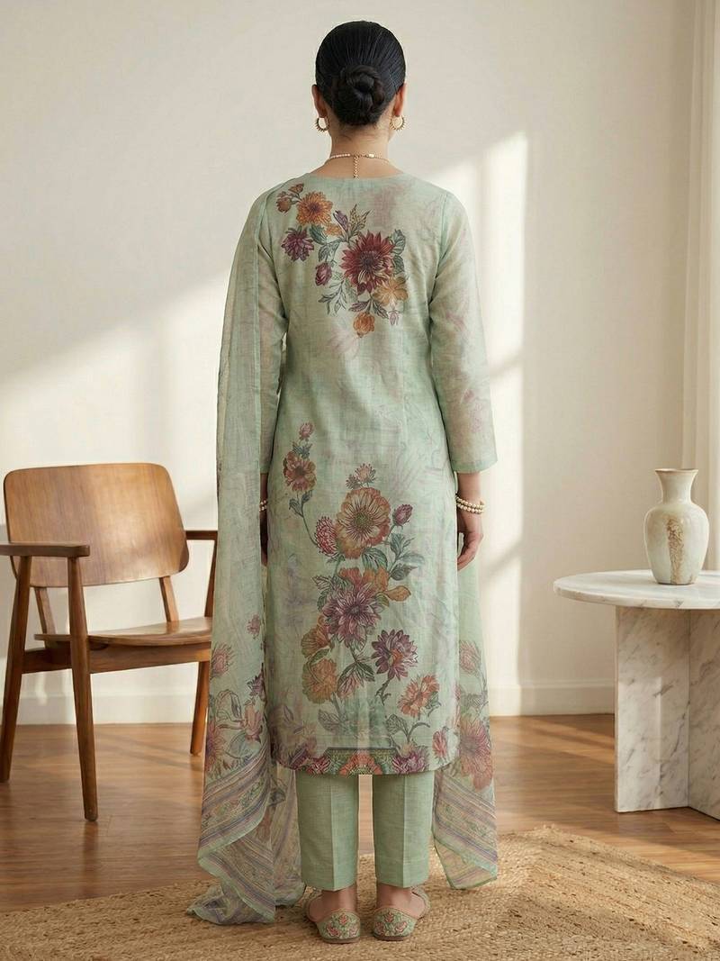 Stylee lifestyle green linen digital printed dress material
