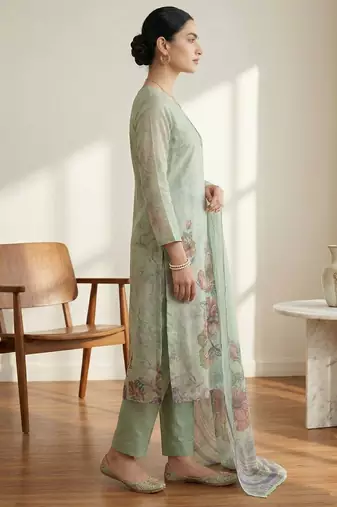 green floral digital print linen dress material set