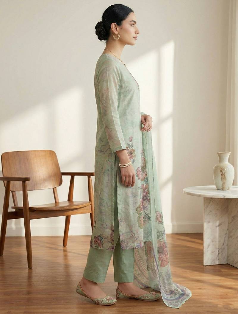 Stylee lifestyle green linen digital printed dress material