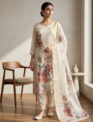 cream floral digital print linen dress material set 1