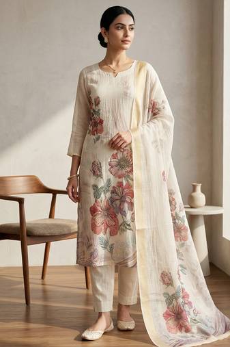cream floral digital print linen dress material set