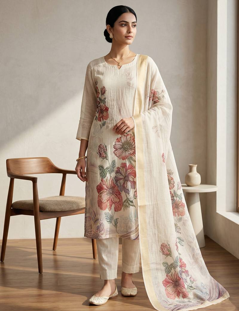 Stylee lifestyle cream linen digital printed dress material