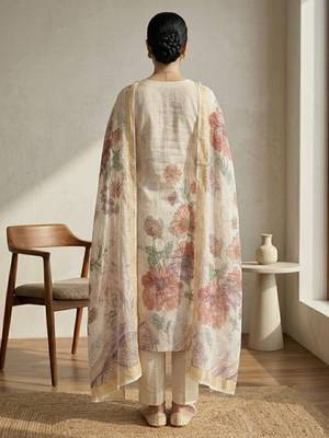 cream floral digital print linen dress material set 2