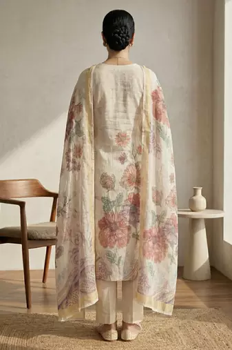 cream floral digital print linen dress material set