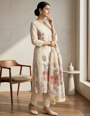 cream floral digital print linen dress material set 3