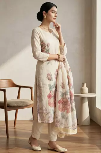 cream floral digital print linen dress material set
