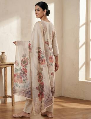 cream floral digital print linen dress material set 4